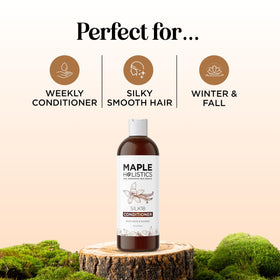 Maple Holistics label closeup highlighting silk protein and moisturizing claims