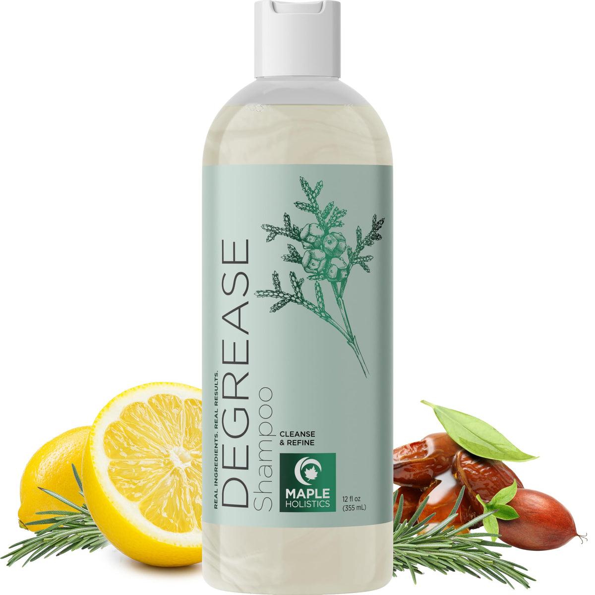 Maple Holistics front bottle showing degrease clarifying shampoo benefit of buildup removal