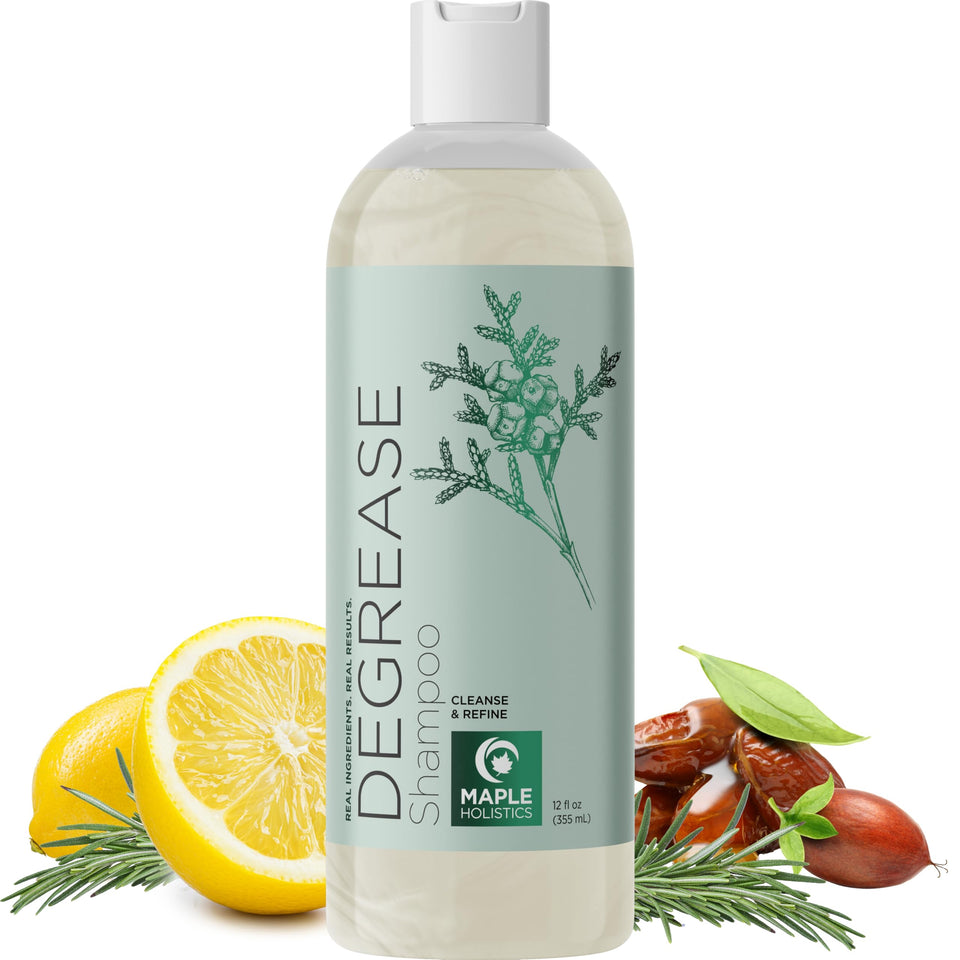 Maple Holistics front bottle showing degrease clarifying shampoo benefit of buildup removal