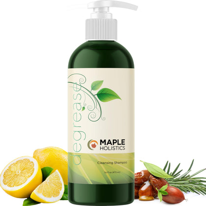 Maple Holistics front bottle showing packaging and brand for clear oily-hair cleansing