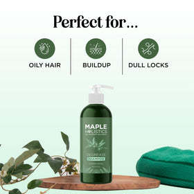 Maple Holistics shampoo pouring texture demonstrating gentle, effective cleanse