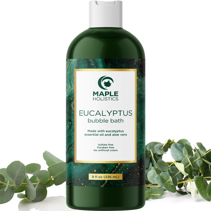 Maple Holistics bottle front view showing eucalyptus bubble bath and brand reassurance