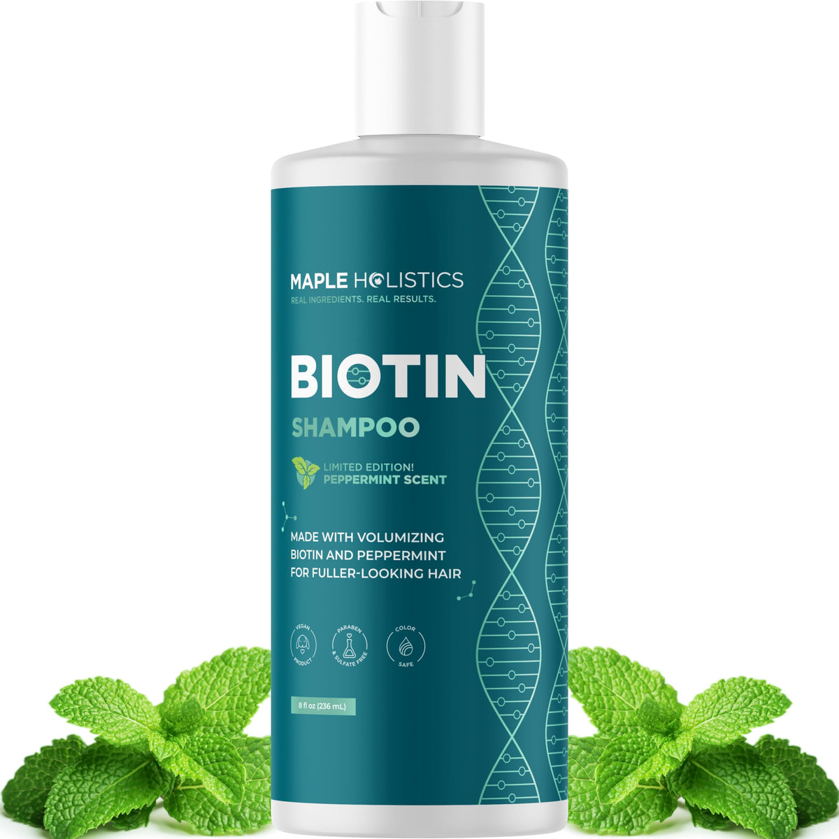 Maple Holistics front bottle view showing clean design and volume benefit