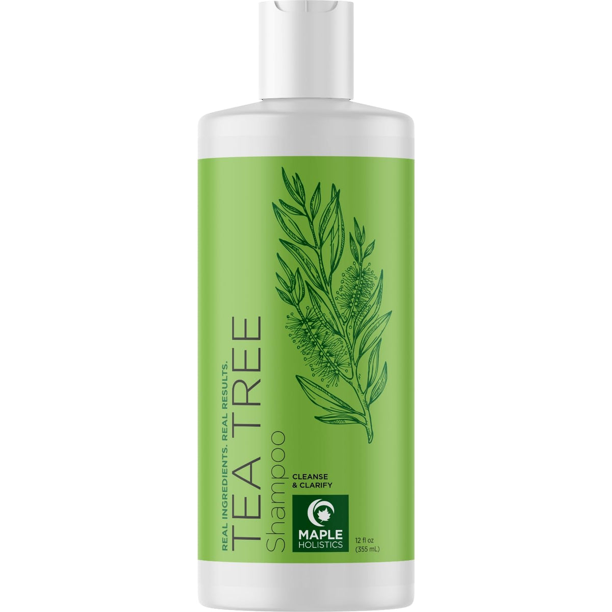 Maple Holistics front label showing clarifying tea tree shampoo benefits
