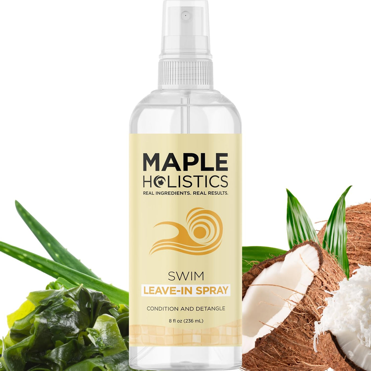 Maple Holistics front spray bottle showing label and benefit of swim protection