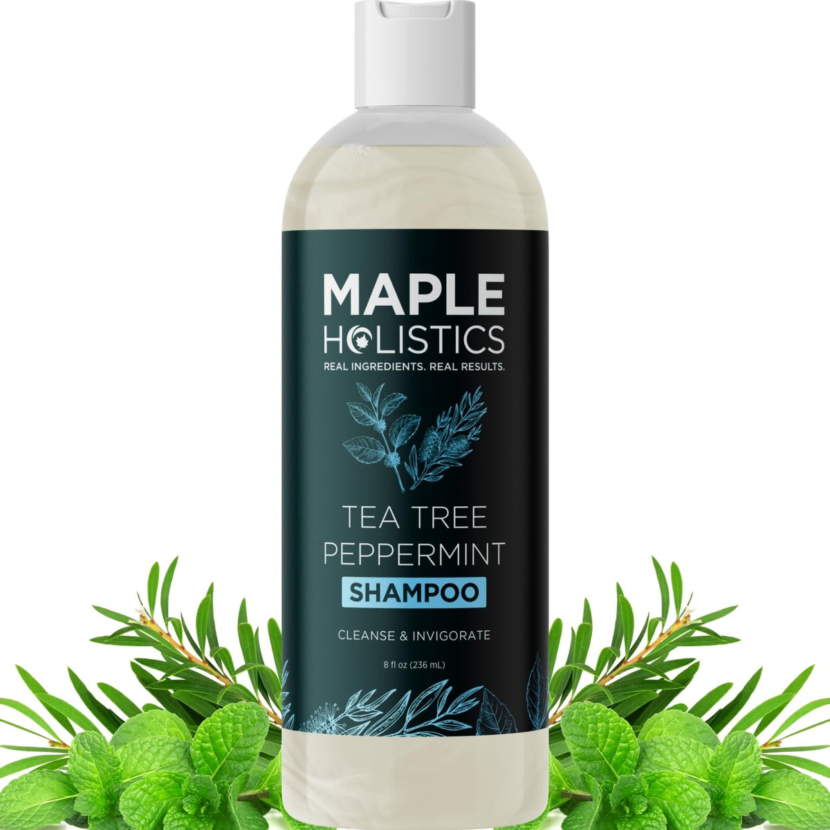 Maple Holistics front packaging showing rosemary tea tree mint shampoo benefit refreshing cleanse