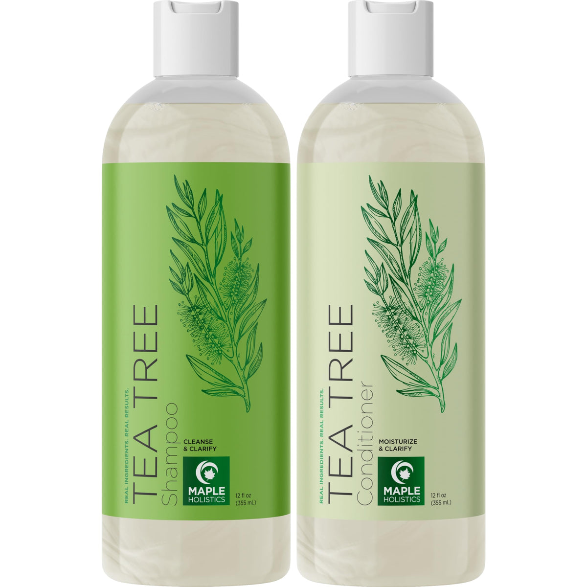 Maple Holistics front view of tea tree shampoo and conditioner set, clarifying benefit