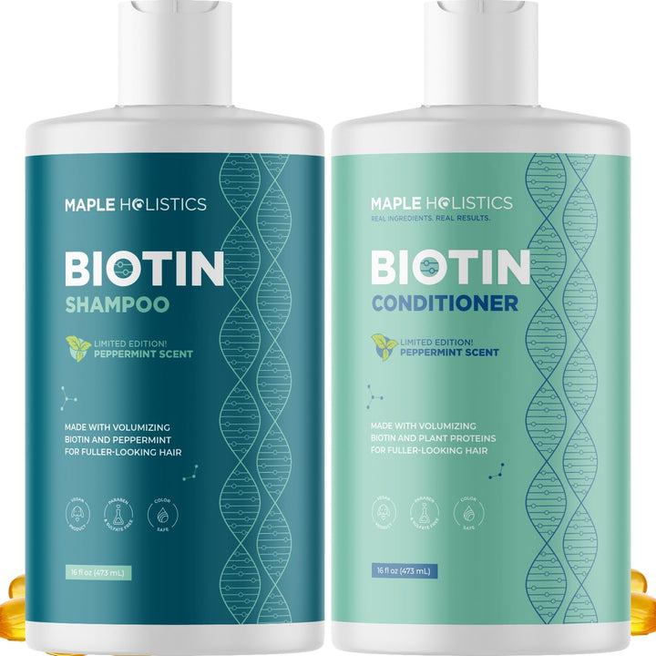 Maple Holistics front packaging showing volumizing biotin set and product benefits