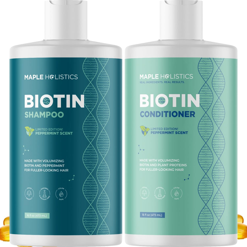 Maple Holistics front packaging showing volumizing biotin set and product benefits