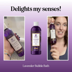 Maple Holistics bottle beside tub foam illustrating at-home spa benefit