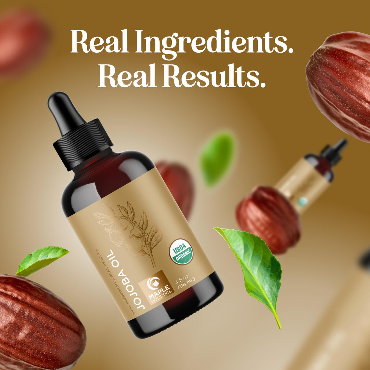 Maple Holistics jojoba seeds beside bottle highlighting natural, non-GMO sourcing