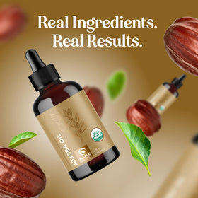 Maple Holistics jojoba seeds beside bottle highlighting natural, non-GMO sourcing