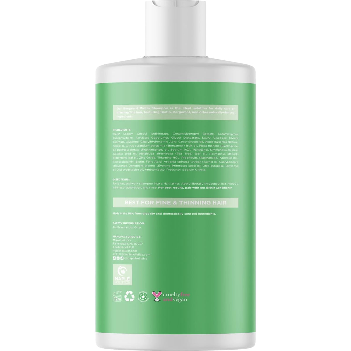 Maple Holistics label closeup showing natural ingredient callouts and clarity