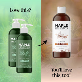 Maple Holistics shampoo on bathroom shelf styled to show daily routine refreshing benefit