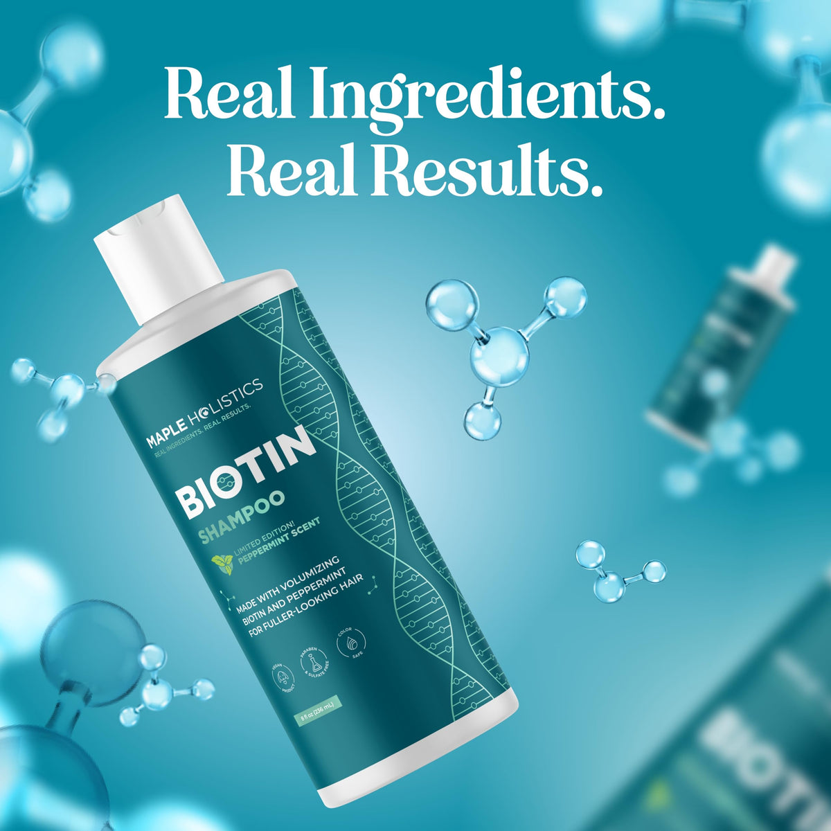 Maple Holistics peppermint leaves beside bottle suggesting scalp refreshment
