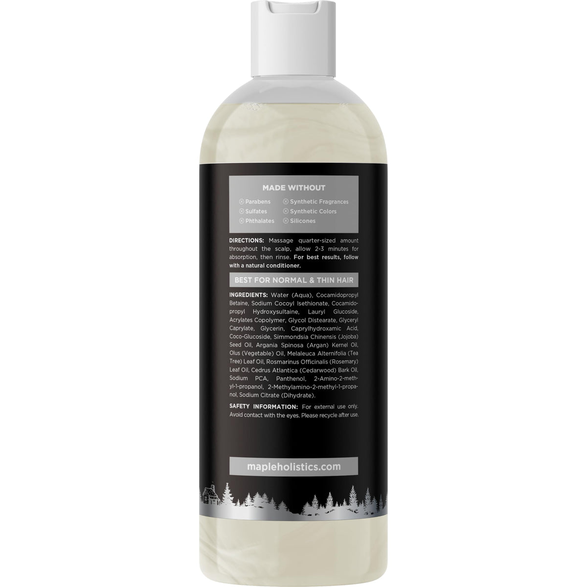 Maple Holistics bottle beside cedarwood branch illustrating botanical ingredients