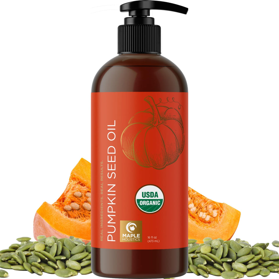 Maple Holistics bottle front view showing organic pumpkin seed oil benefit hydration
