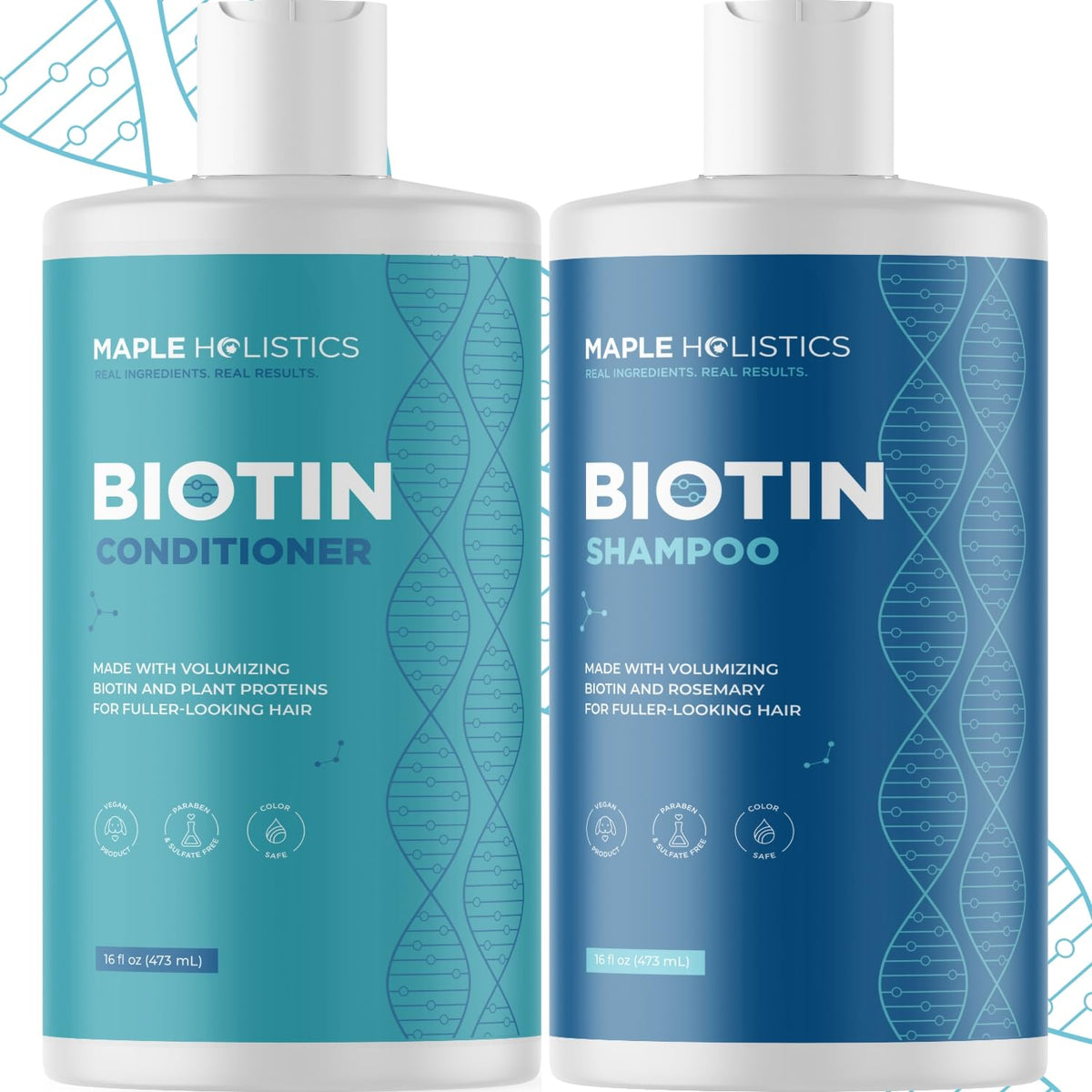 Maple Holistics front view showing bottles and clear volumizing benefit