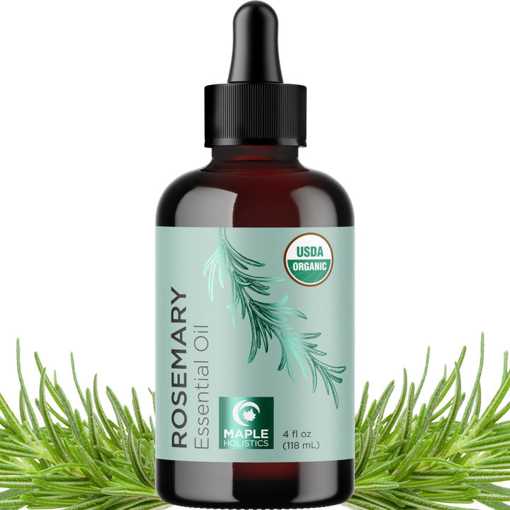 Maple Holistics front bottle view showing organic rosemary oil for clean hair care