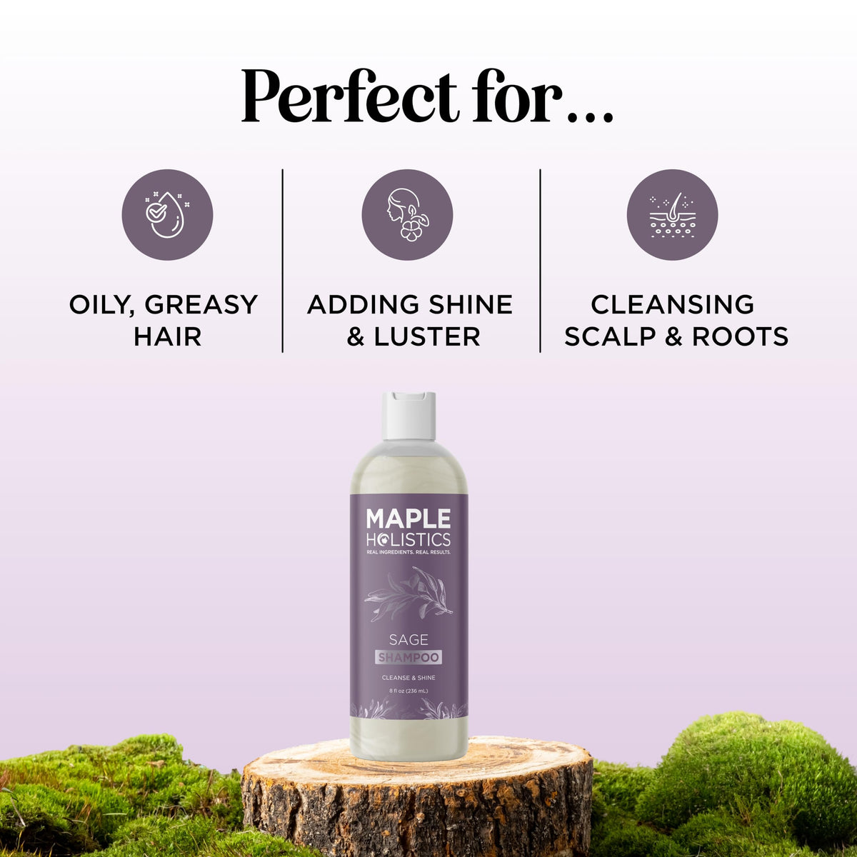 Maple Holistics pump and label close-up highlighting natural ingredients