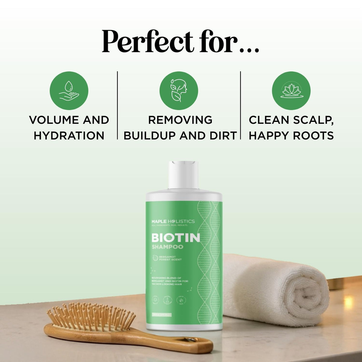 Maple Holistics bottle in shower demonstrating everyday volumizing routine