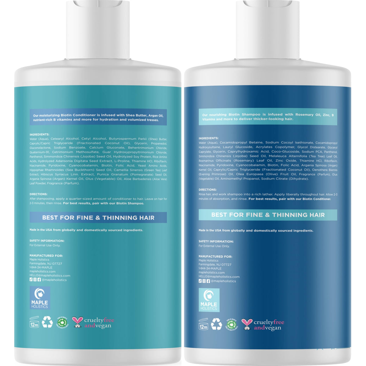Maple Holistics bottles held in hand to show 16 fl oz scale