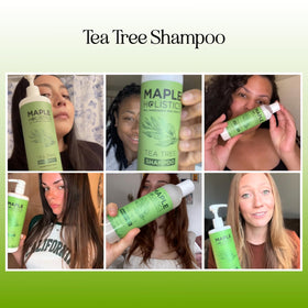 Maple Holistics shampoo being poured and lathered to remove buildup