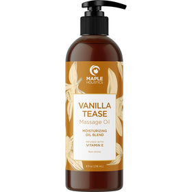Maple Holistics bottle front view showing elegant vanilla massage oil packaging and appeal