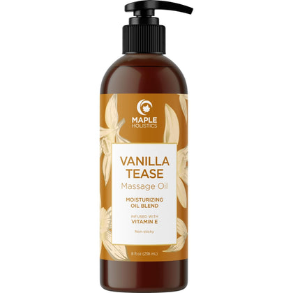 Maple Holistics bottle front view showing elegant vanilla massage oil packaging and appeal
