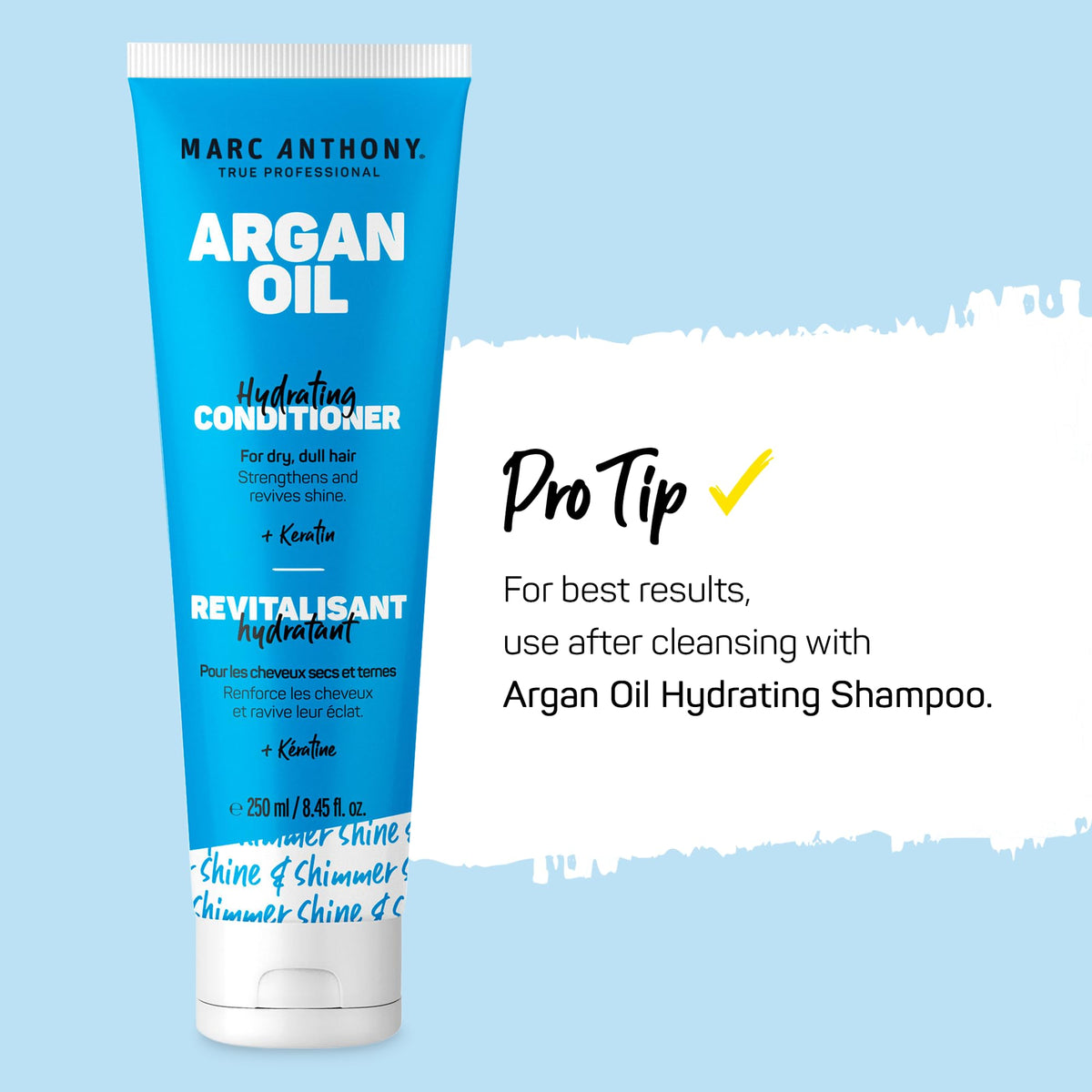 Marc Anthony bottle beside argan nuts to highlight nourishing oil