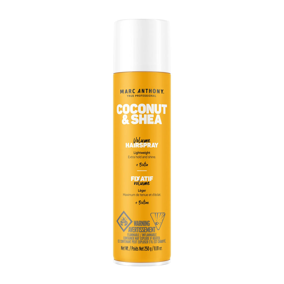 Marc Anthony aerosol can front view showing coconut and shea benefits