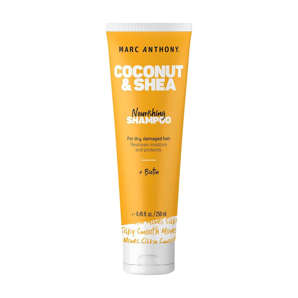 Marc Anthony bottle front view showing coconut and shea branding and benefits