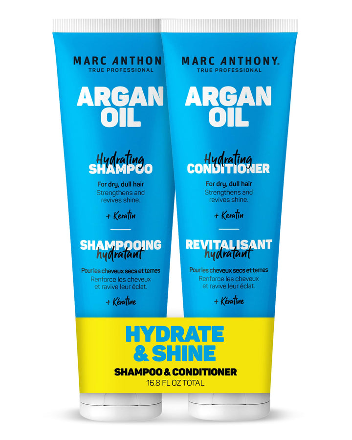 Marc Anthony front packaging displaying shampoo and conditioner for visible hydration