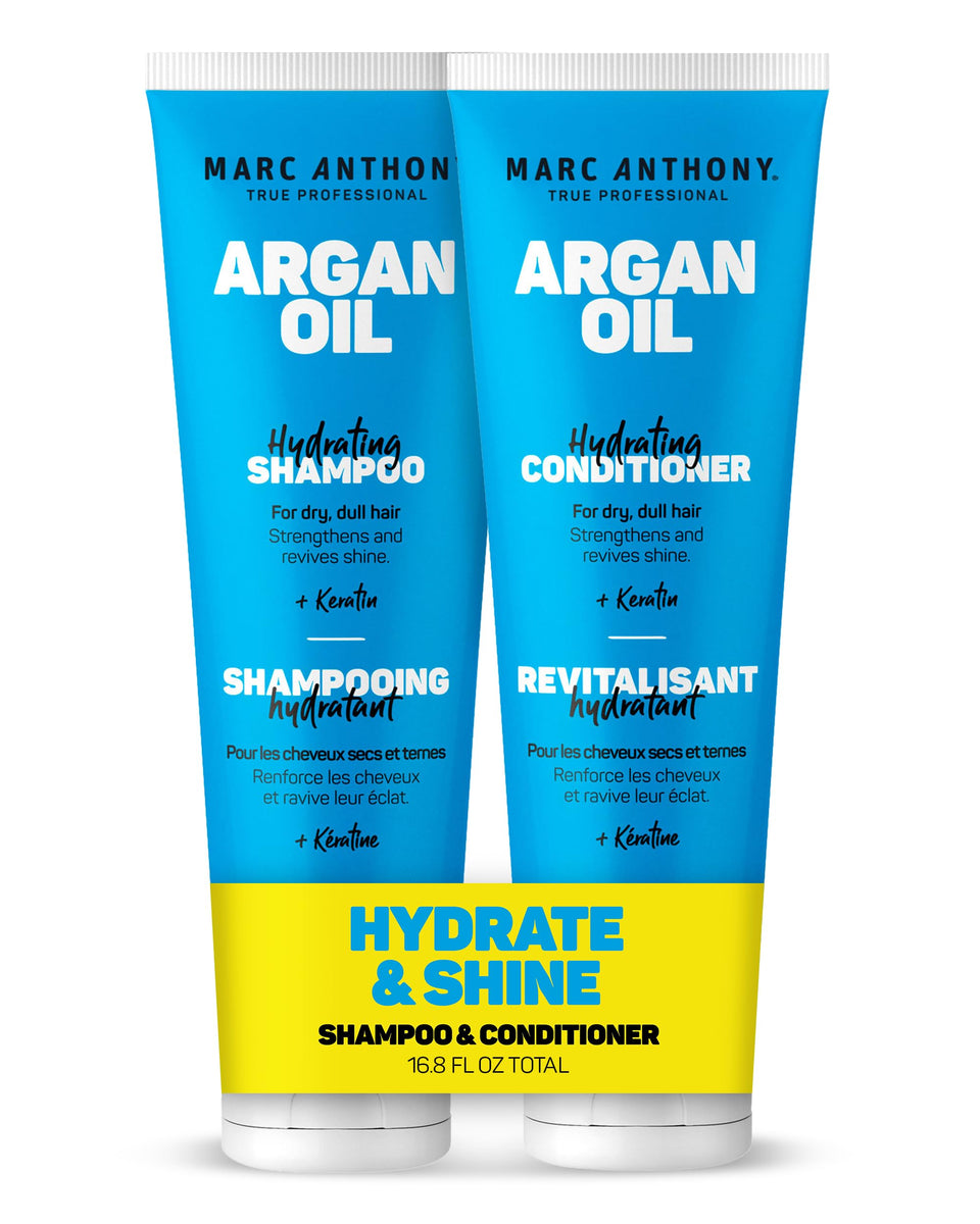 Marc Anthony front packaging displaying shampoo and conditioner for visible hydration