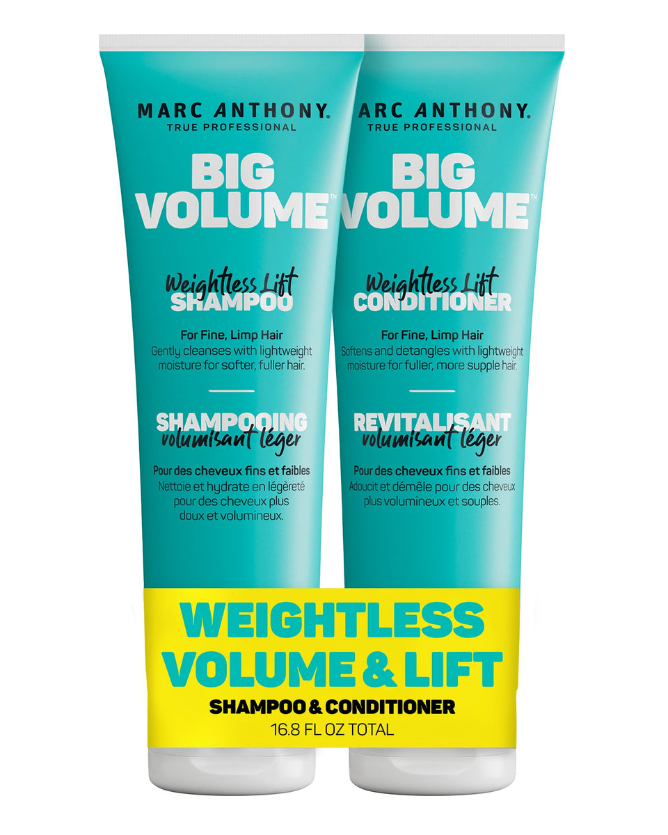 Marc Anthony front packaging showing volumizing shampoo and conditioner benefits