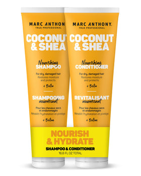 Marc Anthony front view of shampoo and conditioner showing clean packaging and benefits