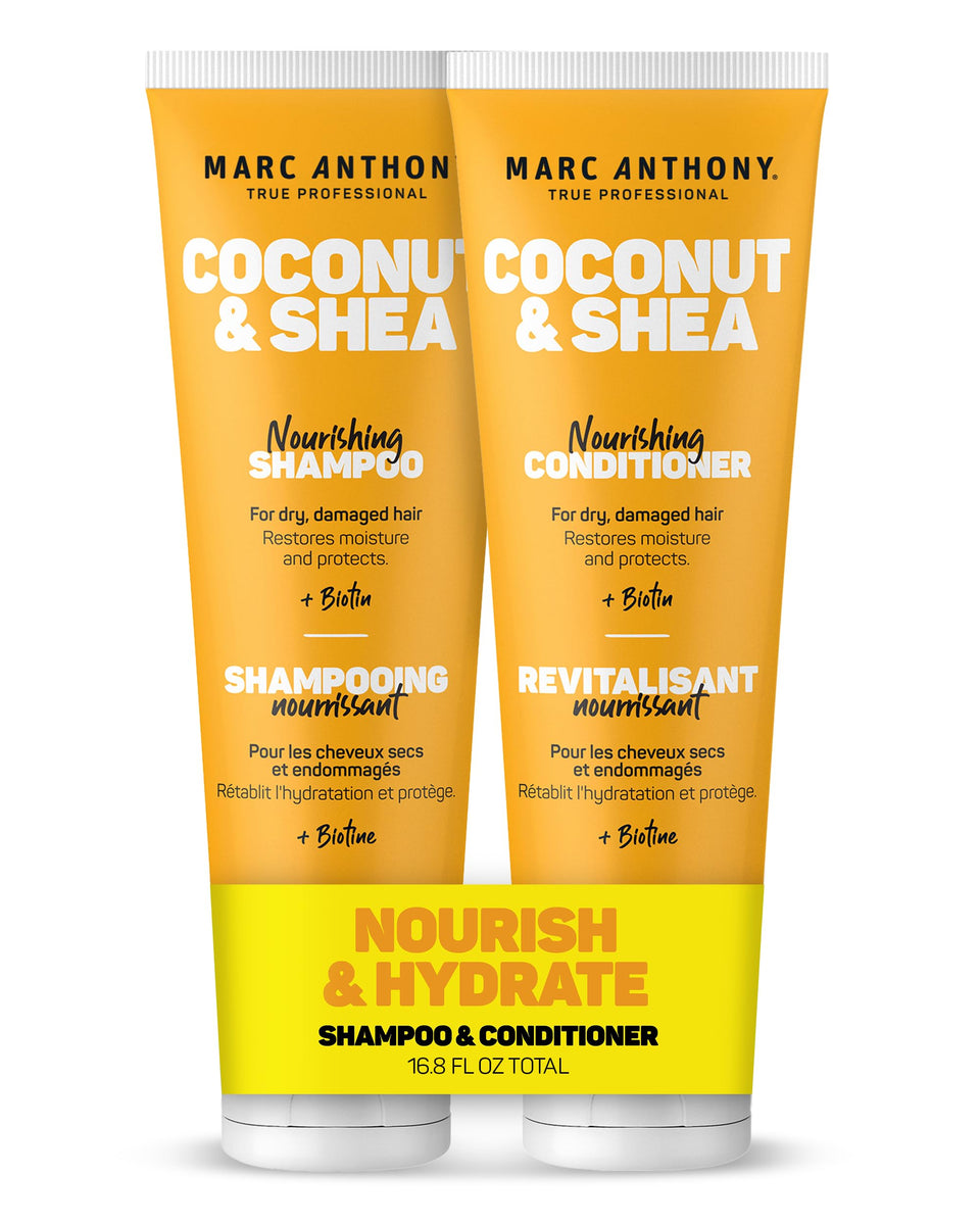 Marc Anthony front view of shampoo and conditioner showing clean packaging and benefits