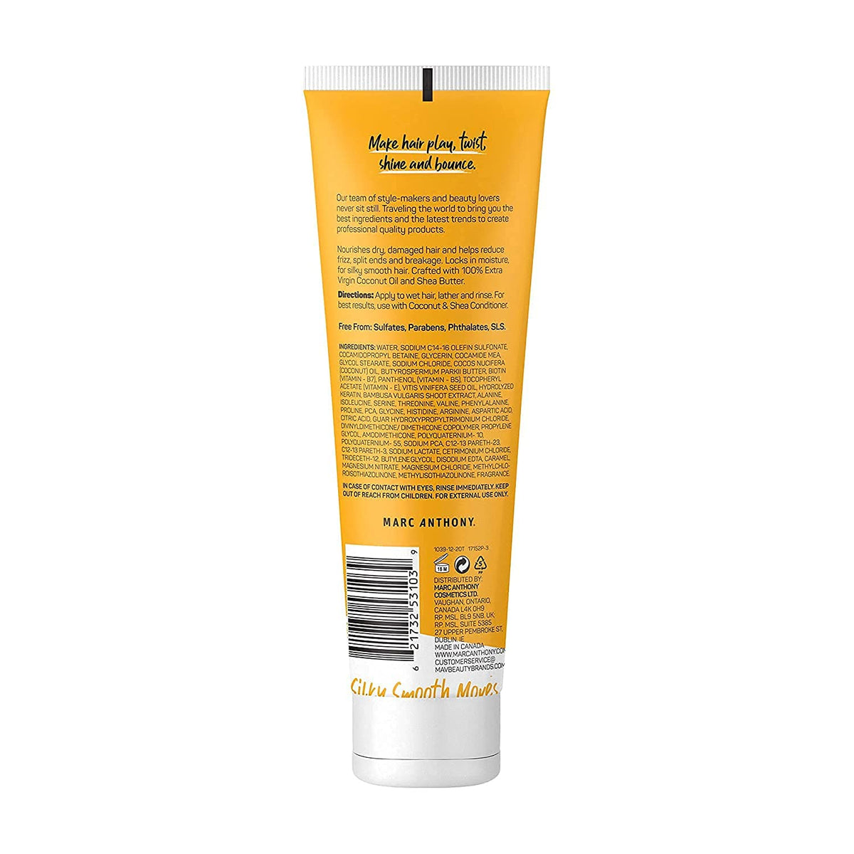 Marc Anthony label close-up highlighting coconut oil, shea butter and biotin