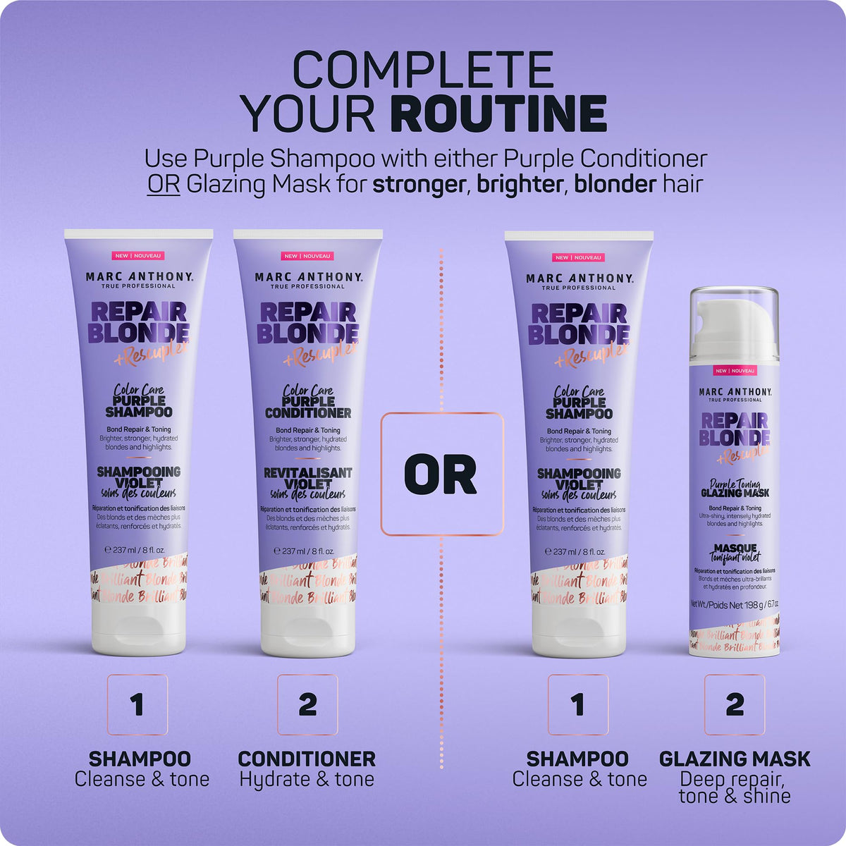 Marc Anthony shampoo on bathroom shelf for salon-style routine
