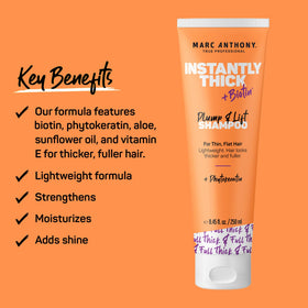Marc Anthony label close-up highlighting biotin and lightweight formula benefits