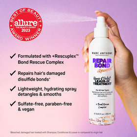 Marc Anthony leave-in applied to hair in hand for detangling benefit