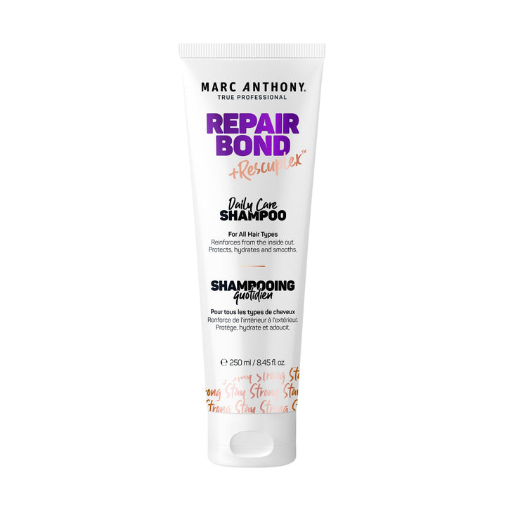 Marc Anthony front bottle showing Repair Bond shampoo and professional branding for clear identification and trust