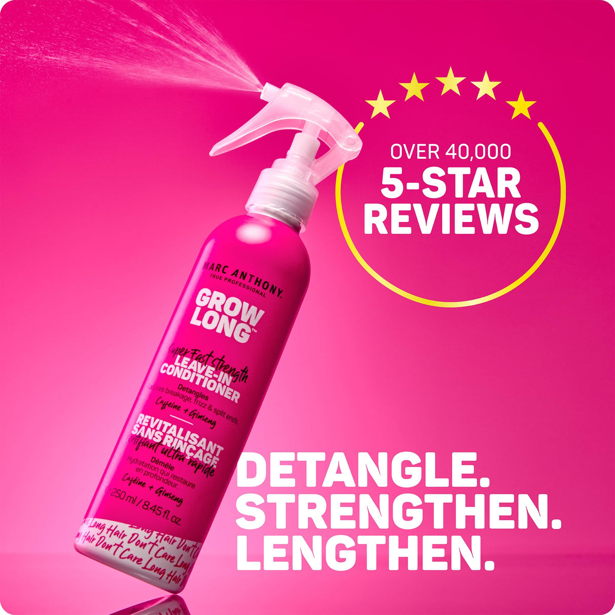 Marc Anthony spray mist dispersing, showing lightweight detangling benefit