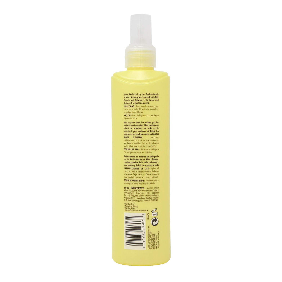 Marc Anthony spray on curly hair texture demonstrating defined, frizz-free curls