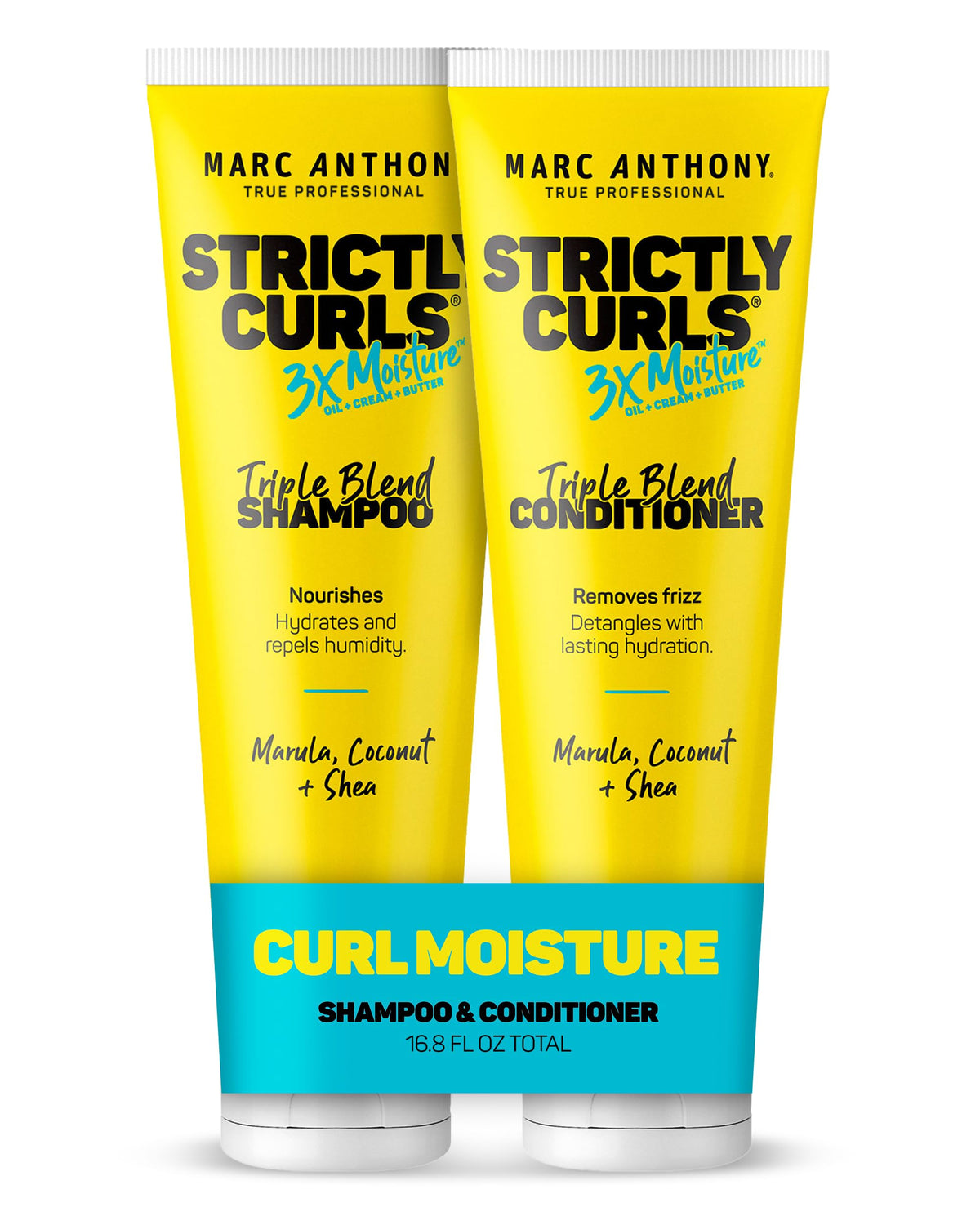 Marc Anthony front packaging showing both Strictly Curls bottles and benefits