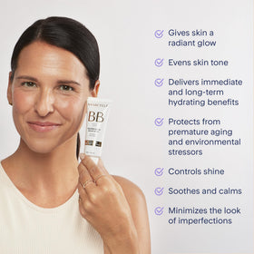 MARCELLE swatch on forearm illustrating color-adapting tint, shade-match confidence benefit