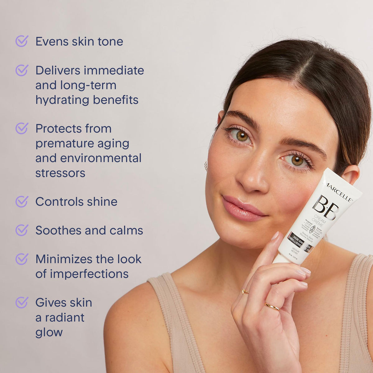 Marcelle BB Cream tinted pigments closeup displaying adaptive shade technology for natural match