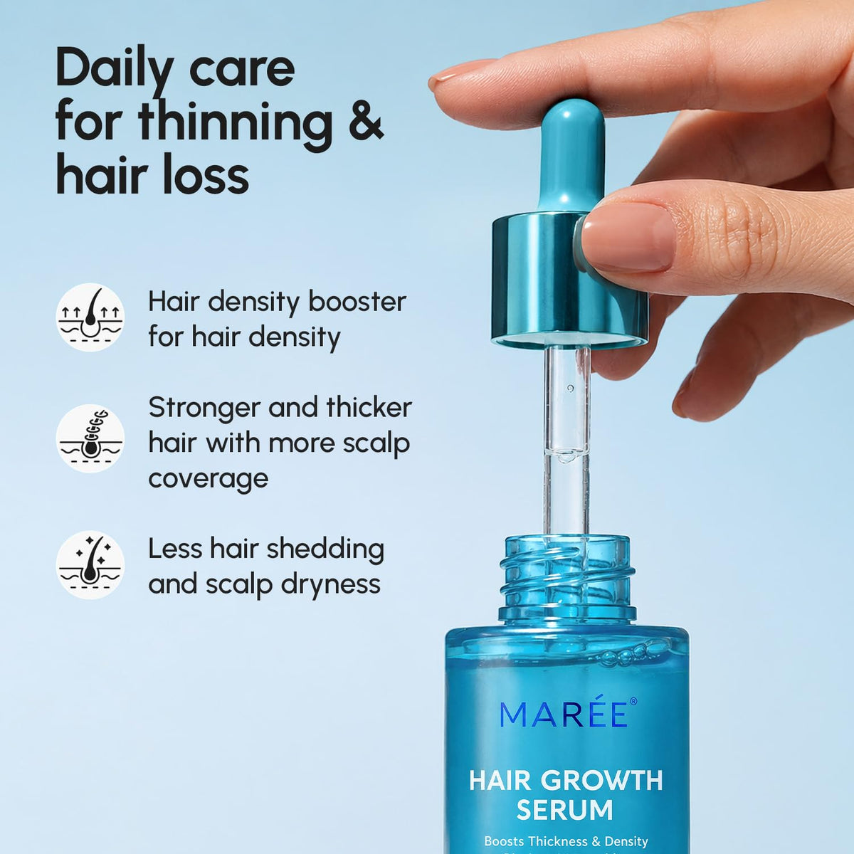 MAREE application showing scalp parting and targeted drops, easy daily use benefit