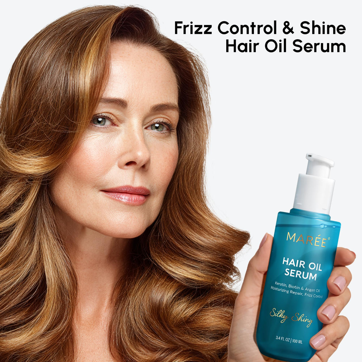MAREE bottle label featuring argan oil ingredient for softer, shinier hair
