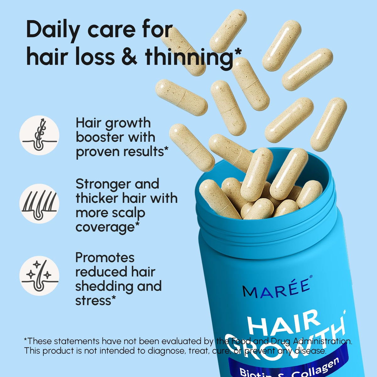 MAREE bottle open with capsules visible to illustrate daily serving convenience